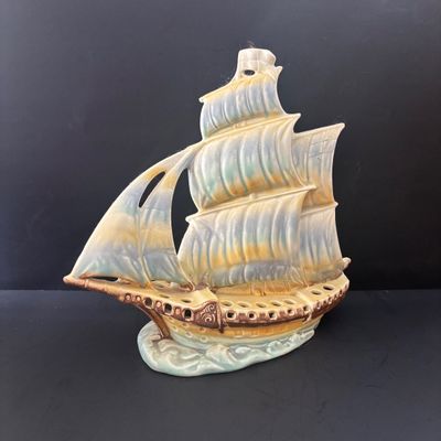 LOT 87: Vintage Czechoslovakian Ceramic Sailing Ship Flower Frog Vase