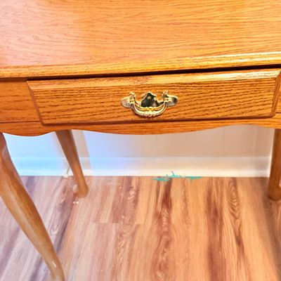 LOT 185: Wood Vanity Table and Mirror and Chair