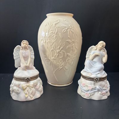 LOT 93: Antique Reflection by I. Godinger & Co. Porcelain Butterfly Basket, Lenox Masterpiece Collection Vase, Pedestal Urn Vases,...