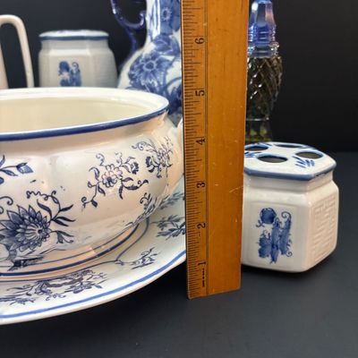 LOT 96: Blue & White Collection: Soup Tureen& Under Plate, Flower Frog, Electric Teapot, Home Accents Vase, Hexagonal Flower...