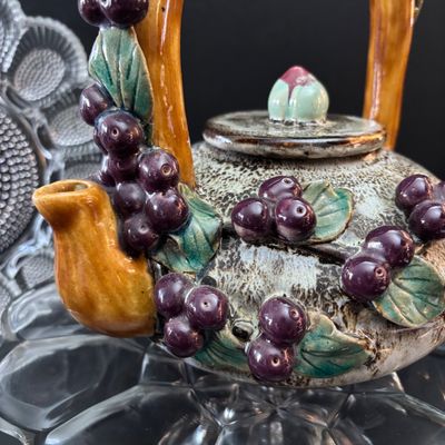 LOT 121: Vintage Tableware & Kitchen Decor: Majolica-Style Grape/Green Leaf Teapot, Rustic Wood Nut Bowl. Egg Dish, Fruit Motif...