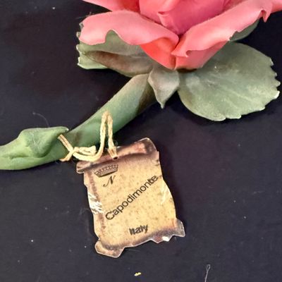 LOT 260: Set of 2 Capodimonte Porcelien Roses on a Mirrored Vanity Tray with Ceramic Roses