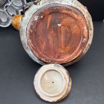 LOT 121: Vintage Tableware & Kitchen Decor: Majolica-Style Grape/Green Leaf Teapot, Rustic Wood Nut Bowl. Egg Dish, Fruit Motif...