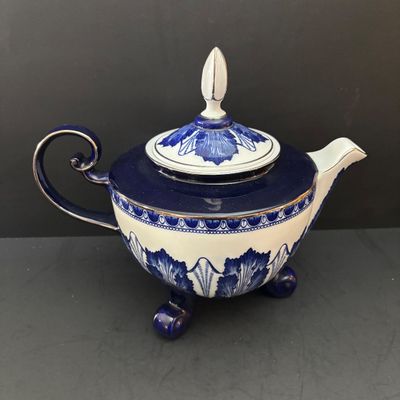 LOT 97: Bombay & Company Arabesque Cobalt Blue & White Teapot, Sugar Bowl, Creamer