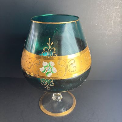 LOT 122: Vintage Blueish Over-Sized Brandy Snifter w/Gilded Accents & Hand Painted Details