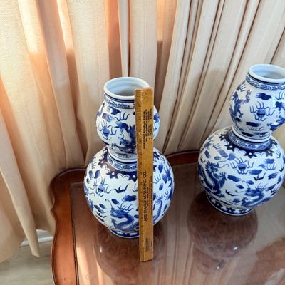 LOT 174: Vintage Blue and White Large Bombay Double Gourd Vase