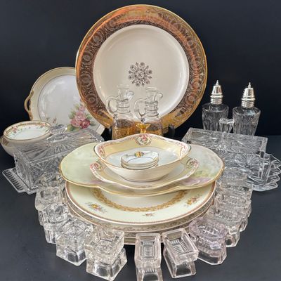LOT 118: Large Collection of Salt Cellars, Nippon, Anchor Hocking Starlyte Cruet Set, Fifth Avenue Crystal Glass Covered Butter Dish w/...