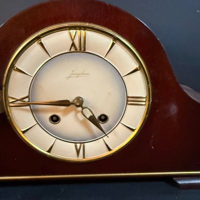 LOT 252: Vintage Junghans Art Deco Mantel Clock and Alabaster Vase