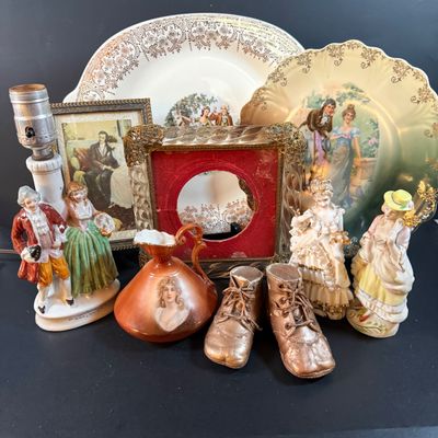 LOT 248: Victorian Inspired Collection of Plates, Figurines, Lamp and More
