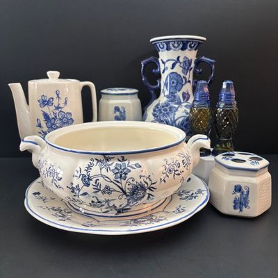 LOT 96: Blue & White Collection: Soup Tureen& Under Plate, Flower Frog, Electric Teapot, Home Accents Vase, Hexagonal Flower...
