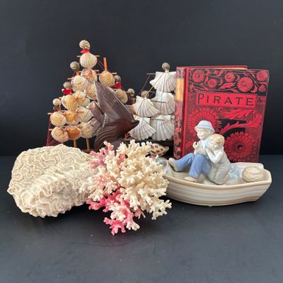 LOT 108: Nautical Collection of Seashell Ships, Meico Paul Sebastian "Fishing w/Grandfather" Porcelain Figurine, Large Corals...