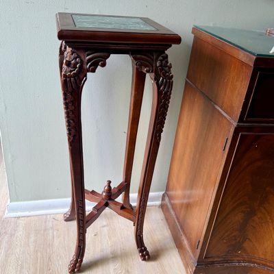 LOT 167: Set of 2 Marble Top Wood Plant Stands