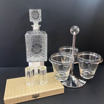 LOT 92: Vintage MCM Rotating Condiment Server, Gensico Knife Set, Crystal Hexagonal Salt/Pepper Shakers & a Pressed Glass Hobnail...