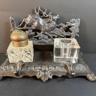 LOT 250: Antique Cast Iron Desk Stand with Hunting Scene and Glass Inkwells and Letter Openers