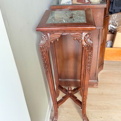 LOT 167: Set of 2 Marble Top Wood Plant Stands