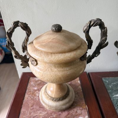 LOT 168" Set of 2 Alabaster/Onyx Faux Urns with Metal Handles