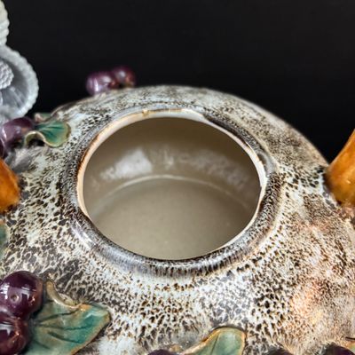 LOT 121: Vintage Tableware & Kitchen Decor: Majolica-Style Grape/Green Leaf Teapot, Rustic Wood Nut Bowl. Egg Dish, Fruit Motif...