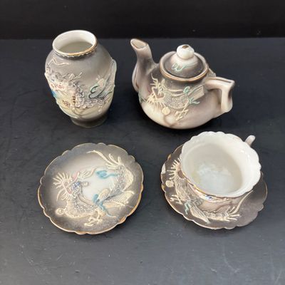 LOT 112: Collection of Miniature Tea Sets, Animals, Pewter Animals and a Vintage Moriage Satsuma=style Porcelain Horse & Carriage...