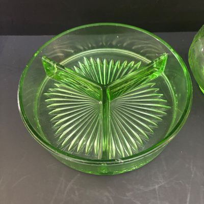 LOT 90: Vintage Green Depression Glass: "Wise Owl" Pitcher, Divided Relish Dish & Console Bowl, Iridescent Carnival Glass...