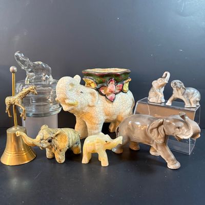 LOT 249: Elephant Collection Including a Planter, Figurines, Glass Trinket Box and a Giraffe Brass Bell