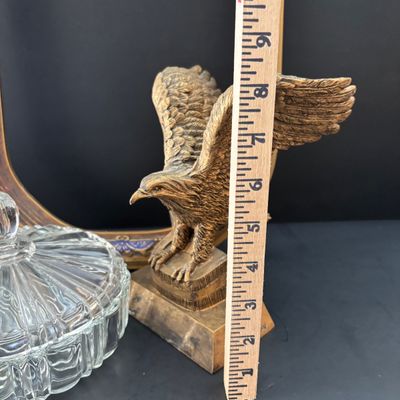 LOT 109: Vintage Federal Style Oval Picture Frame-NO Glass, Resin Brass-Tone Eagle Statue signed PDU & Anchor Hocking Candy Dish