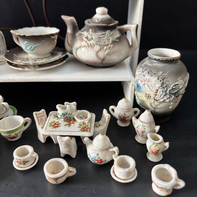 LOT 112: Collection of Miniature Tea Sets, Animals, Pewter Animals and a Vintage Moriage Satsuma=style Porcelain Horse & Carriage...