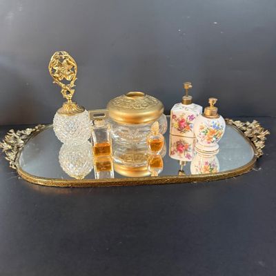 LOT 261: Mirrored Vanity Tray with Perfume Bottlers Perfume and More