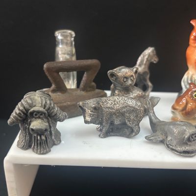 LOT 112: Collection of Miniature Tea Sets, Animals, Pewter Animals and a Vintage Moriage Satsuma=style Porcelain Horse & Carriage...