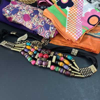 LOT 110: Vintage Scarves, Gold Tone Chain Necklace (1 is Monet), Vibrant Muti Colored Belt