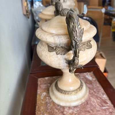 LOT 168" Set of 2 Alabaster/Onyx Faux Urns with Metal Handles