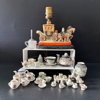LOT 112: Collection of Miniature Tea Sets, Animals, Pewter Animals and a Vintage Moriage Satsuma=style Porcelain Horse & Carriage...