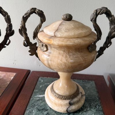 LOT 168" Set of 2 Alabaster/Onyx Faux Urns with Metal Handles