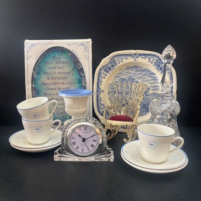 LOT 115: Shannon Crystal Clock, Milk Glass Miniature Urn, Hand-made Folk Art Pin Cushion, BOAC Teacups & More