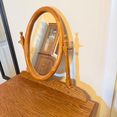 LOT 185: Wood Vanity Table and Mirror and Chair