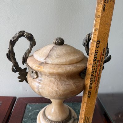 LOT 168" Set of 2 Alabaster/Onyx Faux Urns with Metal Handles