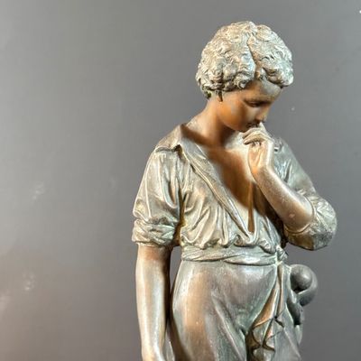 LOT 188: Bronze /Metal Statue of a Boy, Framed Victorian Boy Trinket Box and 2 Wall Sconces