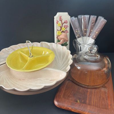 LOT 91: Vintage Lane & Co. Ceramic Lazy Susan, Super Chef Knife Set, MCM Teak Cheese Board