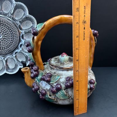 LOT 121: Vintage Tableware & Kitchen Decor: Majolica-Style Grape/Green Leaf Teapot, Rustic Wood Nut Bowl. Egg Dish, Fruit Motif...