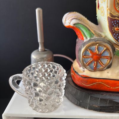 LOT 112: Collection of Miniature Tea Sets, Animals, Pewter Animals and a Vintage Moriage Satsuma=style Porcelain Horse & Carriage...