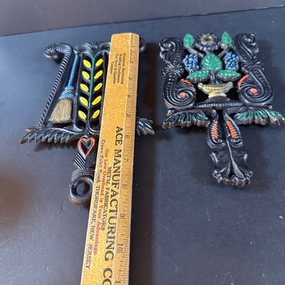 LOT 1: Vintage Large Wide Mouth Glass Jars, Cast Iron Match Dispenser, Cast Iron Pennsylvania Dutch Style Trivets and Cast Iron Hook