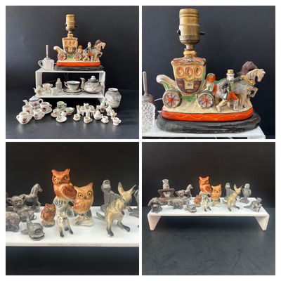 LOT 112: Collection of Miniature Tea Sets, Animals, Pewter Animals and a Vintage Moriage Satsuma=style Porcelain Horse & Carriage...