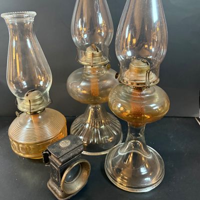 LOT 263: Set of Three Glass Oil Lamps and Vintage Oil Bicycle Lamp
