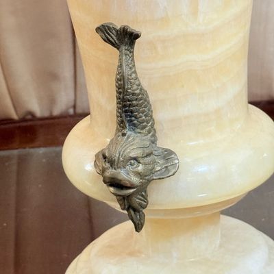 LOT 173: Vintage Carved Onyx Vase with Metal Koi Handles