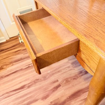 LOT 185: Wood Vanity Table and Mirror and Chair