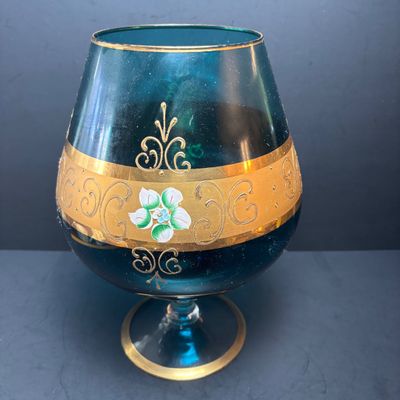 LOT 122: Vintage Blueish Over-Sized Brandy Snifter w/Gilded Accents & Hand Painted Details
