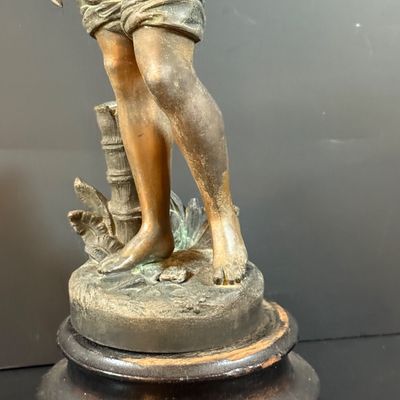 LOT 188: Bronze /Metal Statue of a Boy, Framed Victorian Boy Trinket Box and 2 Wall Sconces