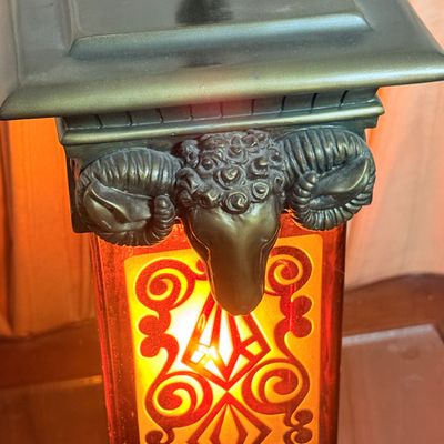 LOT 175: Hollywood Regency Style Metal and Glass Table Lamp with Cast Metal Ram's Head