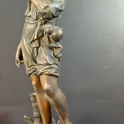 LOT 188: Bronze /Metal Statue of a Boy, Framed Victorian Boy Trinket Box and 2 Wall Sconces
