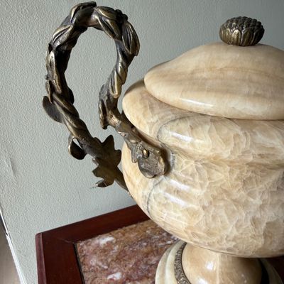 LOT 168" Set of 2 Alabaster/Onyx Faux Urns with Metal Handles