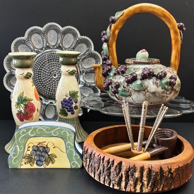 LOT 121: Vintage Tableware & Kitchen Decor: Majolica-Style Grape/Green Leaf Teapot, Rustic Wood Nut Bowl. Egg Dish, Fruit Motif...
